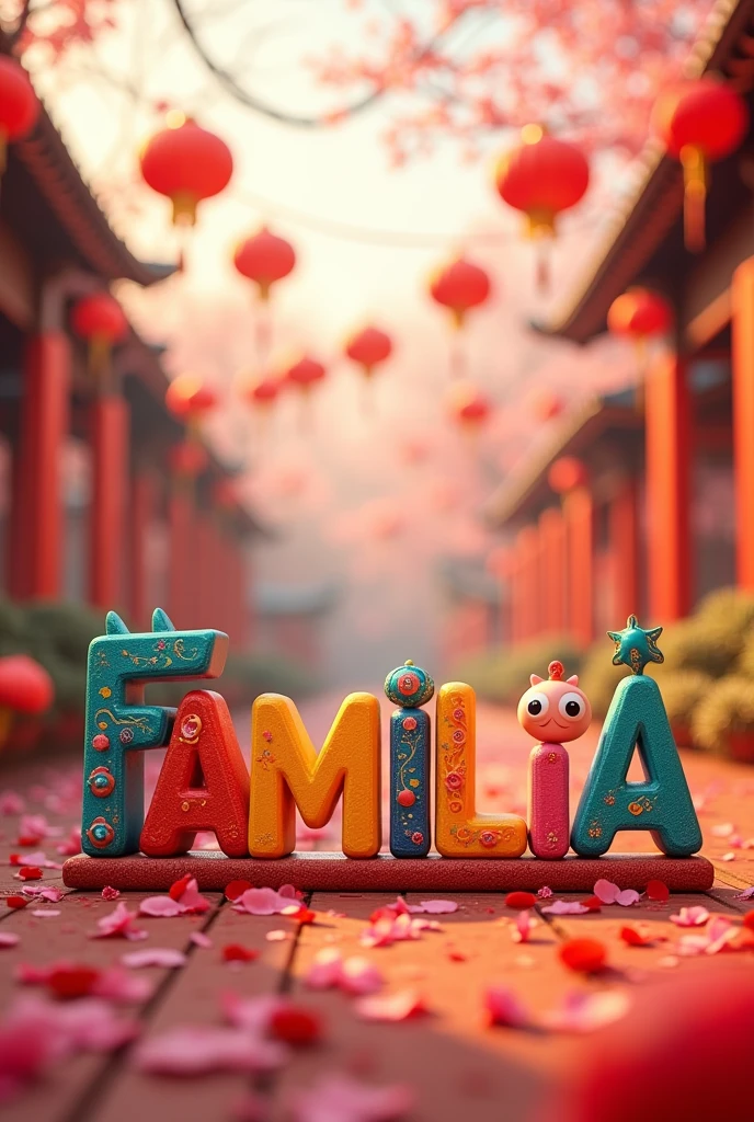 word "FAMILIA LGMG" with animated letters and illustrations of Chinese culture for family day, with horizontal orientation