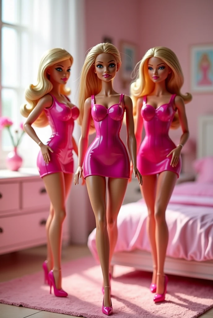 a pin up picture of three Barbie as a housewife, H cup, big hips, bbw (best details, Masterpiece, best quality :1.5), ultra detailed face (best details, Masterpiece, best quality :1.5), ultra feminine (best details, Masterpiece, best quality :1.5), wearing latex pink mini dress, pink stockings, pink high heels, long braided hair, hair pulled back, blond hair, modern bedroom background (best details, Masterpiece, best quality :1.5), ultra best realistic pictures , best details, best quality, 16k, [ultra detailed], masterpiece, best quality, (extremely detailed), ultra wide shot, photorealism, depth of field, hyper realistic painting