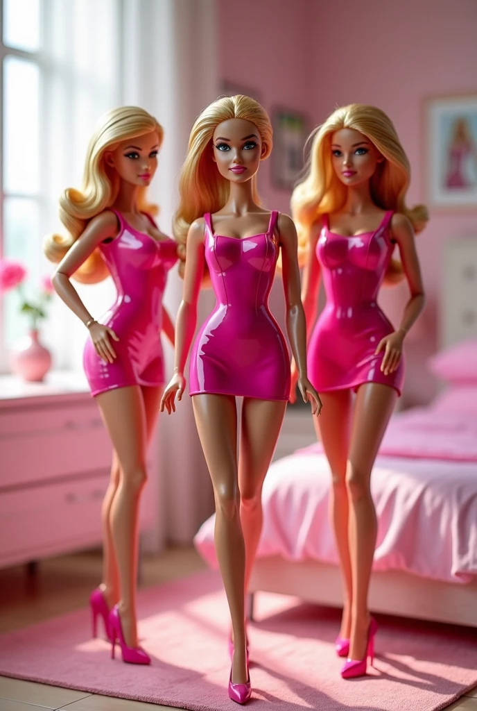 a pin up picture of three Barbie as a housewife, H cup, big hips, bbw (best details, Masterpiece, best quality :1.5), ultra detailed face (best details, Masterpiece, best quality :1.5), ultra feminine (best details, Masterpiece, best quality :1.5), wearing latex pink mini dress, pink stockings, pink high heels, long braided hair, hair pulled back, blond hair, modern bedroom background (best details, Masterpiece, best quality :1.5), ultra best realistic pictures , best details, best quality, 16k, [ultra detailed], masterpiece, best quality, (extremely detailed), ultra wide shot, photorealism, depth of field, hyper realistic painting