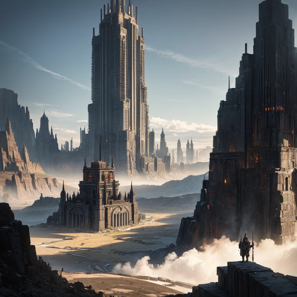 Landscape view of a large city in dieselpunk style made of black metal in black dieselpunk style with buildings of different shapes and sizes located on a volcanic land