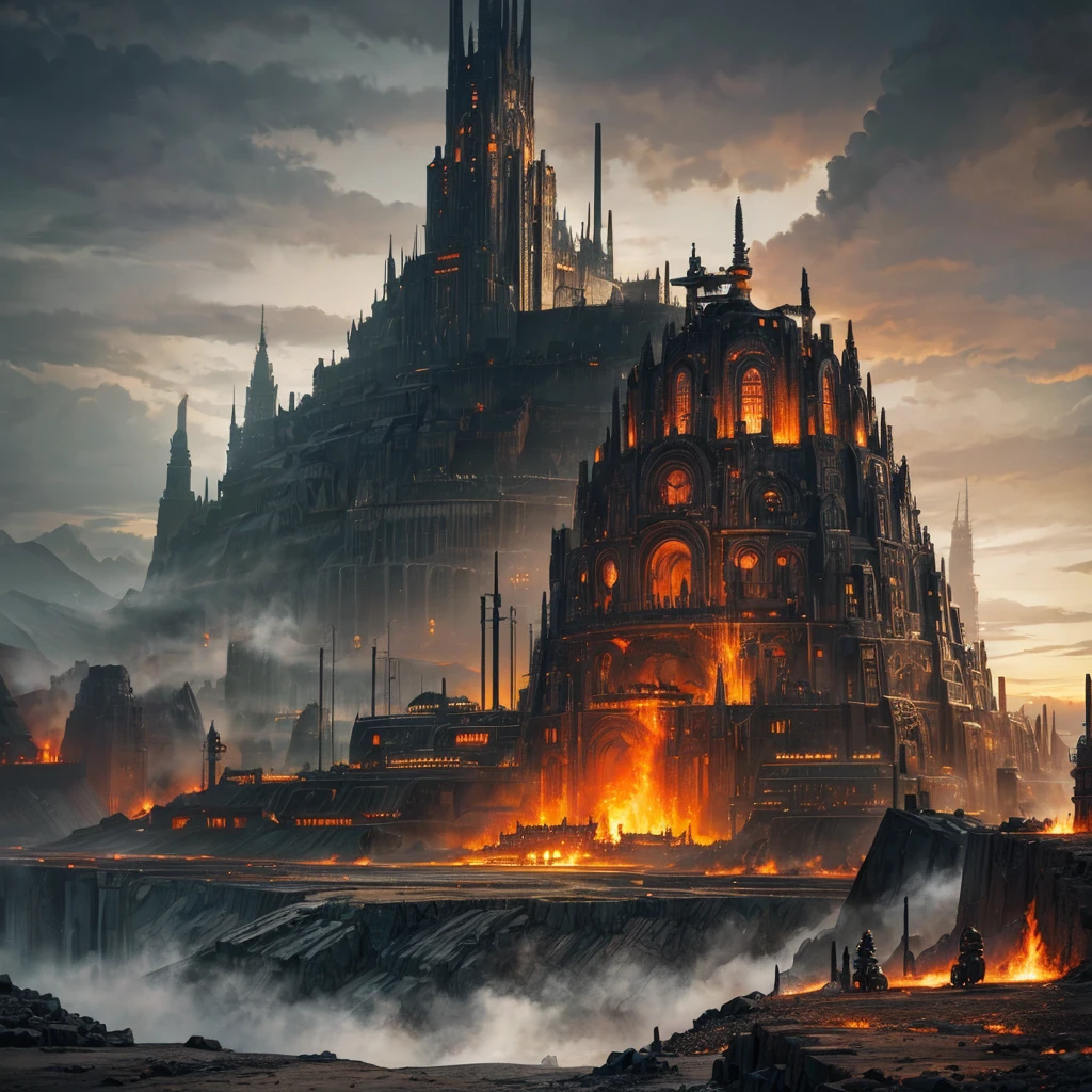 Landscape view of a large city in dieselpunk style made of black metal in black dieselpunk style with buildings of different shapes and sizes located on a volcanic land