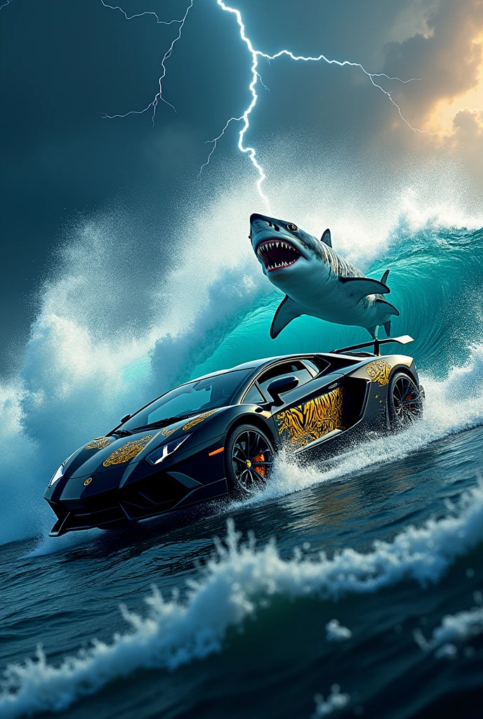Black Lamborghini with gold tiger stickers In an ocean background with a shark and a lightning sky