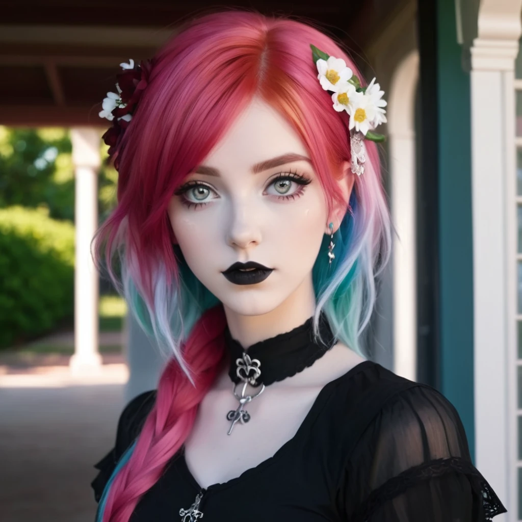 front porch of suburban house, pastel goth, sexy goth girl, photo of cute 20 year old Italian redhead women, bare foot, short skirt, full body picture, no lipstick, cinematic shot, hard shadows, photorealistic, cute face, looking at the viewer, photography, raw photo, white rainbow hair, detailed skin, natural flower background, sexy goth girl, face blush, Dark shot, front porch of suburban house, front porch of suburban house, pastel goth, sexy goth girl, photo of cute 20 year old Italian redhead women, bare foot, short skirt, full body picture, no lipstick, cinematic shot, hard shadows, photorealistic, cute face, looking at the viewer, photography, raw photo, white rainbow hair, detailed skin, natural flower background, sexy goth girl, face blush. Realistic, perspective, light and shadow, religious or mythological themes, highly detailed