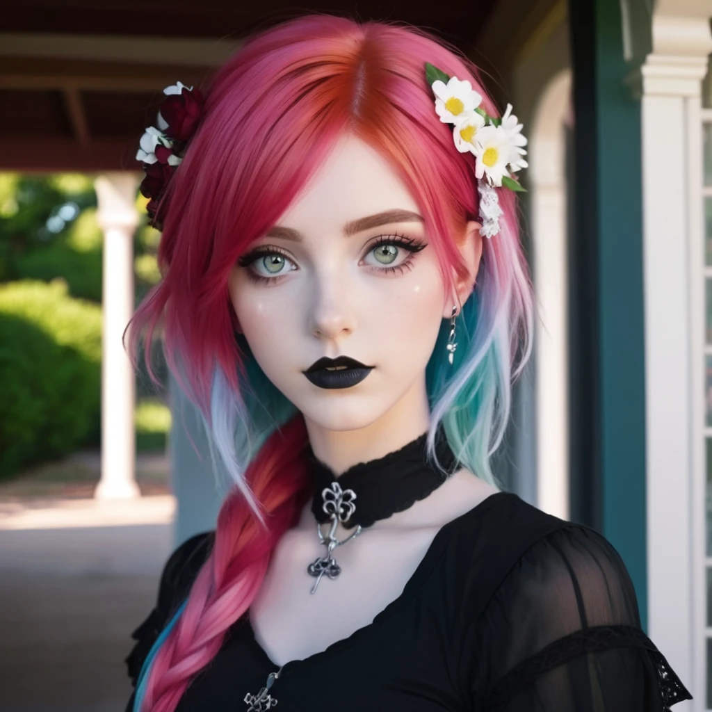 front porch of suburban house, pastel goth, sexy goth girl, photo of cute 20 year old Italian redhead women, bare foot, short skirt, full body picture, no lipstick, cinematic shot, hard shadows, photorealistic, cute face, looking at the viewer, photography, raw photo, white rainbow hair, detailed skin, natural flower background, sexy goth girl, face blush, Dark shot, front porch of suburban house, front porch of suburban house, pastel goth, sexy goth girl, photo of cute 20 year old Italian redhead women, bare foot, short skirt, full body picture, no lipstick, cinematic shot, hard shadows, photorealistic, cute face, looking at the viewer, photography, raw photo, white rainbow hair, detailed skin, natural flower background, sexy goth girl, face blush. Realistic, perspective, light and shadow, religious or mythological themes, highly detailed