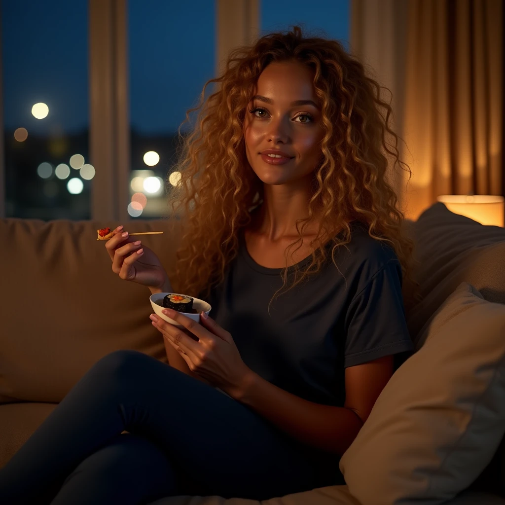 Palm shadow on the face, Very long Curly hair blond, Toffee color skin, beautiful caribean toffee mixed girl with long blond curly hair and extremely detailled clear yellow eyes , A pretty young woman eats sushi in front of the television sitting on the nude sofa in her living room, she wears a dark blue T-shirt and a dark blue leggings, night