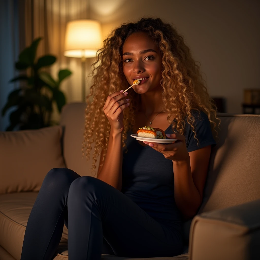 Palm shadow on the face, Very long Curly hair blond, Toffee color skin, beautiful caribean toffee mixed girl with long blond curly hair and extremely detailled clear yellow eyes , A pretty young woman eats sushi in front of the television sitting on the nude sofa in her living room, she wears a dark blue T-shirt and a dark blue leggings, night