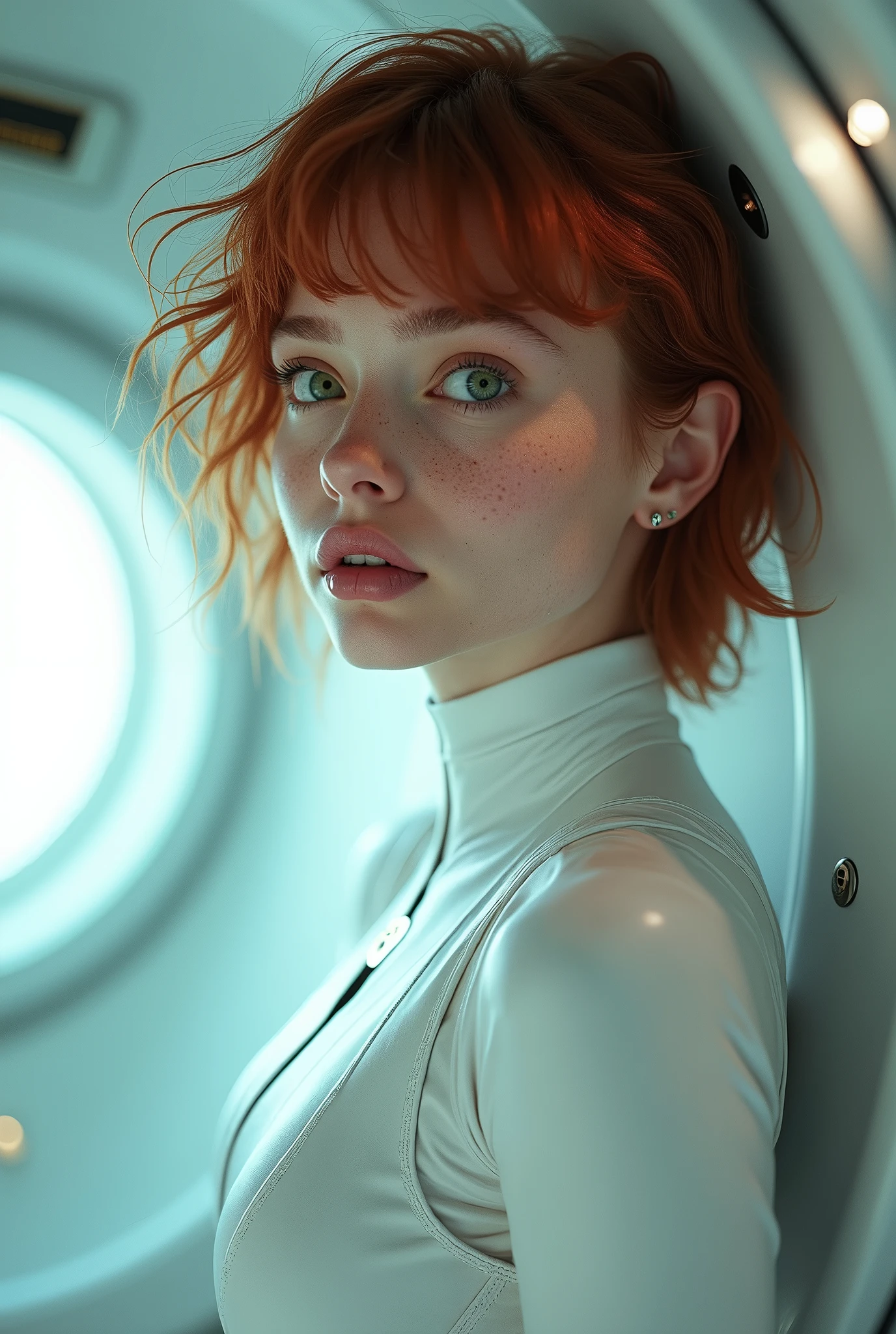 fashion photography portrait of 1girl, award winning photography, short fluffy auburn hair, freckles, photorealistic, hyperrealistic, 8k raw photo, green eyes, (ultra detailed face) , athletic petite toned body, (huge boobs:1.2) , belly button , (smile:0.7) , soft light, rim light, ultra high res, Best quality, masterpiece, white wet tight spacesuit, surprised, in space capsule, (film grain:1.5)