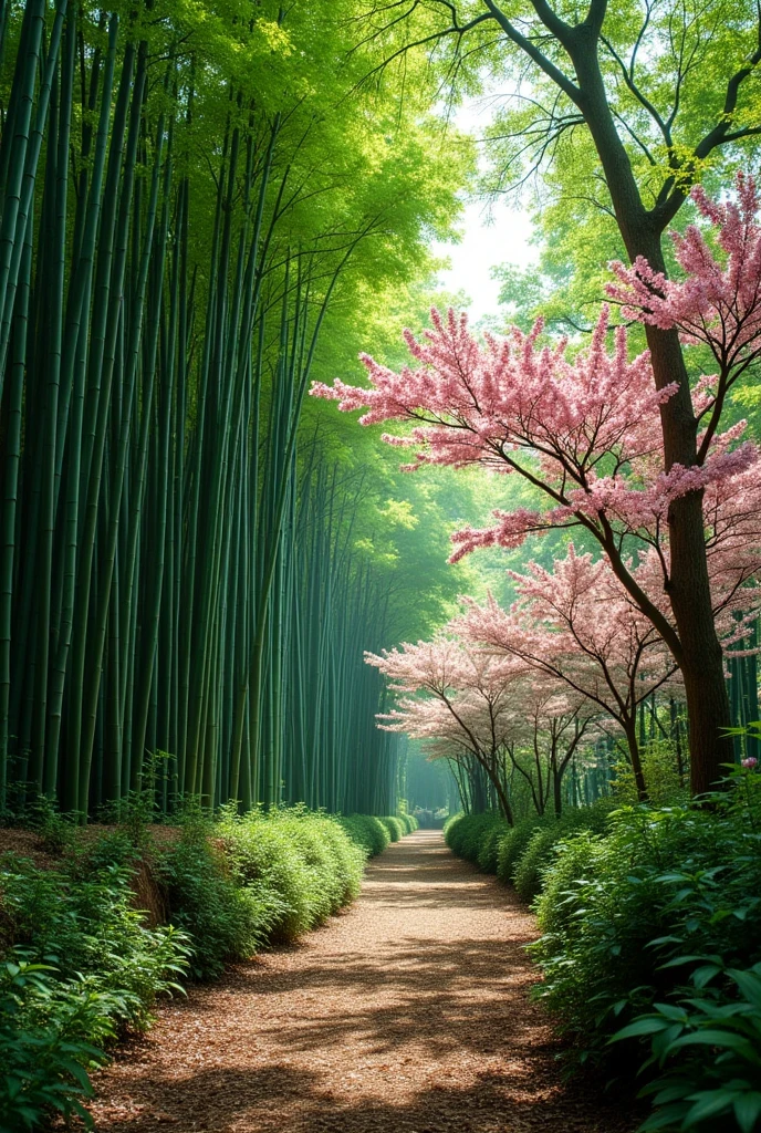 pine needles and trees, (bamboo forest:1.2), Japanese apricot blossoms and trees,