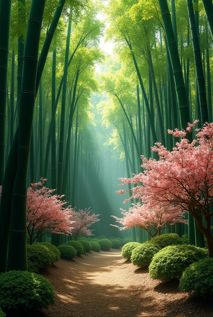 pine needles and trees, (bamboo forest:1.2), Japanese apricot blossoms and trees, 