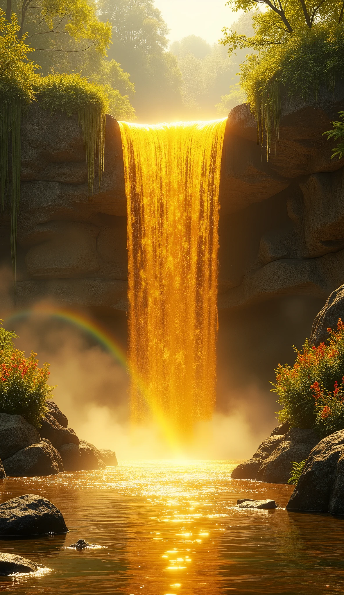 A waterfall of gold flowing endlessly, symbolizing infinite abundance.
