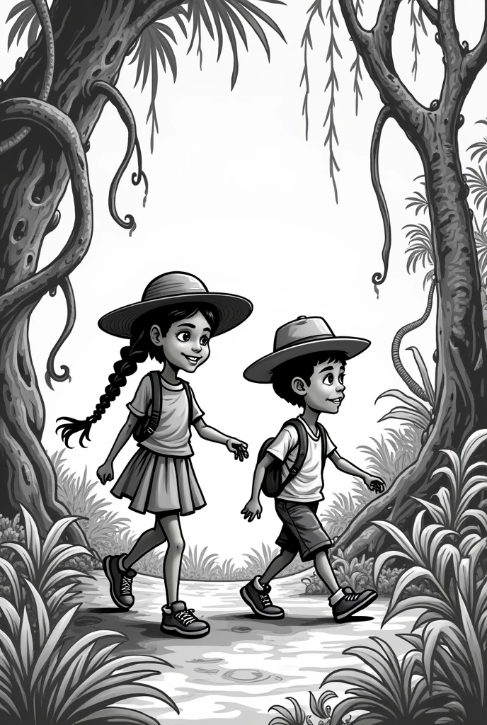 Make the cover of a comic to paint adventures in the jungle with two Bolivian explorer children, the same but to paint and only a boy and a girl in black and white caricature to paint the same children walking through the jungle 
