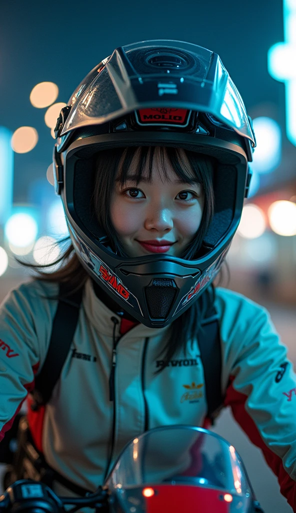 very beautiful Japanese high school girl, about to Ride on a off-road motorcycle, at off-road racing course at night, amazing view of skyscrapers, Jumping high, dramatic scene, masterpiece, (face focus:1.3), clear helmet visor, (beautiful eyes:1), Kawasaki off-road bike, Shoei helmet, (wearing a cyber punk off-road rider's outfits), dynamic angle, acrobatic pose, (showing a beautiful face with smile)