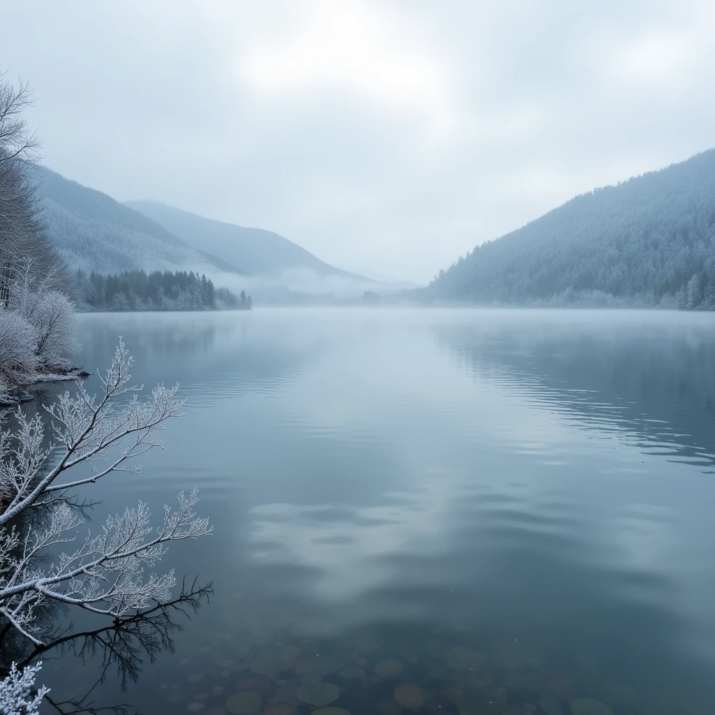 (masterpiece, top quality, high details, extraction, The end of the cold winter, Morning fog, lakeside, cloudy, cinematic light, A sense of layers)