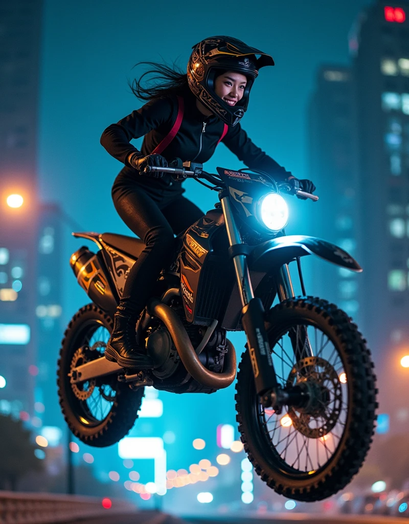 very beautiful Japanese high school girl, about to Ride on a off-road motorcycle, at off-road racing course at night, amazing view of skyscrapers, Jumping high, dramatic scene, masterpiece, (face focus:1.3), clear helmet visor, (beautiful eyes:1), Kawasaki off-road bike, Shoei helmet, (wearing a cyber punk off-road rider's outfits), dynamic angle, acrobatic pose, (showing a beautiful face with smile)
