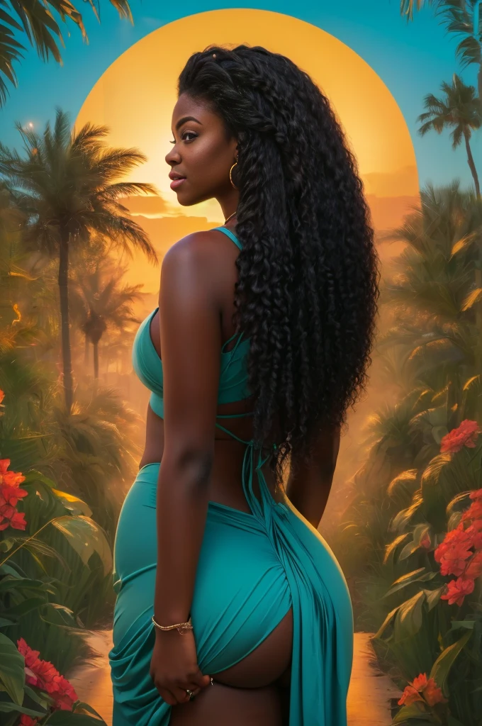 black woman who is curvy with long hair looking back