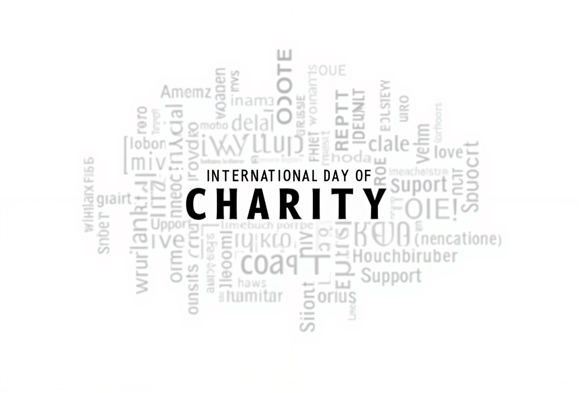 Text-Based Design: A clean and bold design featuring the words "International Day of Charity" in large, black text, with smaller phrases like "Give, Love, Support" arranged around it in various fonts on a white background.