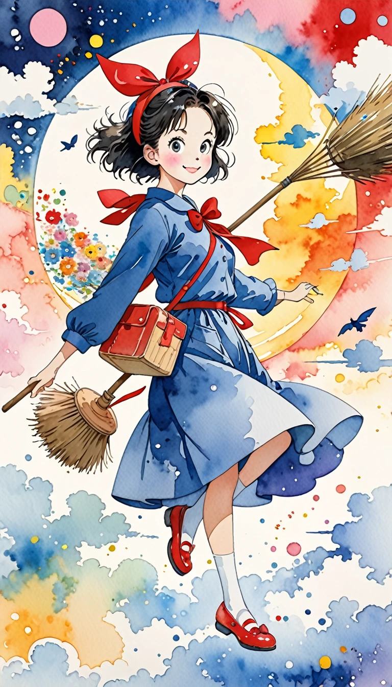 Takashi Murakami Style、(((conservative fashion))), 8K Quality、Intense watercolor, Detailed watercolor art, Watercolor splash, Surreal, avant-garde pop art, Beautiful and expressive paintings, Beautiful artwork illustration, Very colorful tones, wonderful, Cool beauty, highest quality、Official Art, Vector art, Stylish design, (((Kiki's Delivery Service1.9))),(((Studio Ghibli))),(((The most beautiful smiling girl on a broom with very large red ribbon on her head1.4))),navy dress, (((flying))),(((highest quality))), HDR, ((detailed)), (((Doodle Art)), ((masterpiece)), ((Super detailed)), (((Stylish))), small black cat,