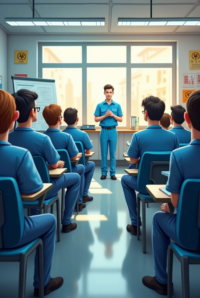 I want a not so animated image of blue-uniformed cleaning characters receiving biosecurity classes