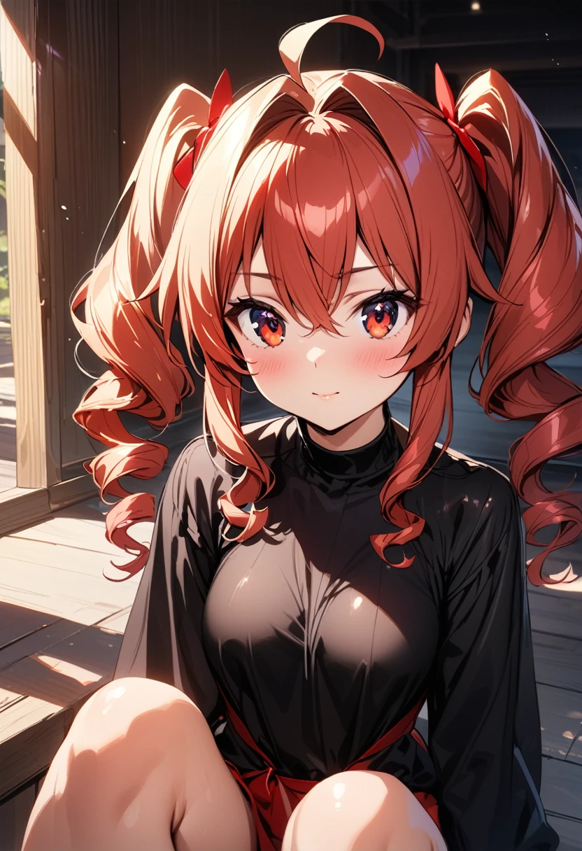 (masterpiece),(best quality),(ultra-detailed),(best illustration),(best shadow),(absurdres),(detailed background),(very aesthetic), 1girl, medium breasts, sitting, red-hair, ahoge, red-eyes,drill hair,red hair tie, twin drills,hair intakes, hair between eyes, shiny skin, shiny hair, short twintails, sidelocks, hair ornament,ravel phenex,
