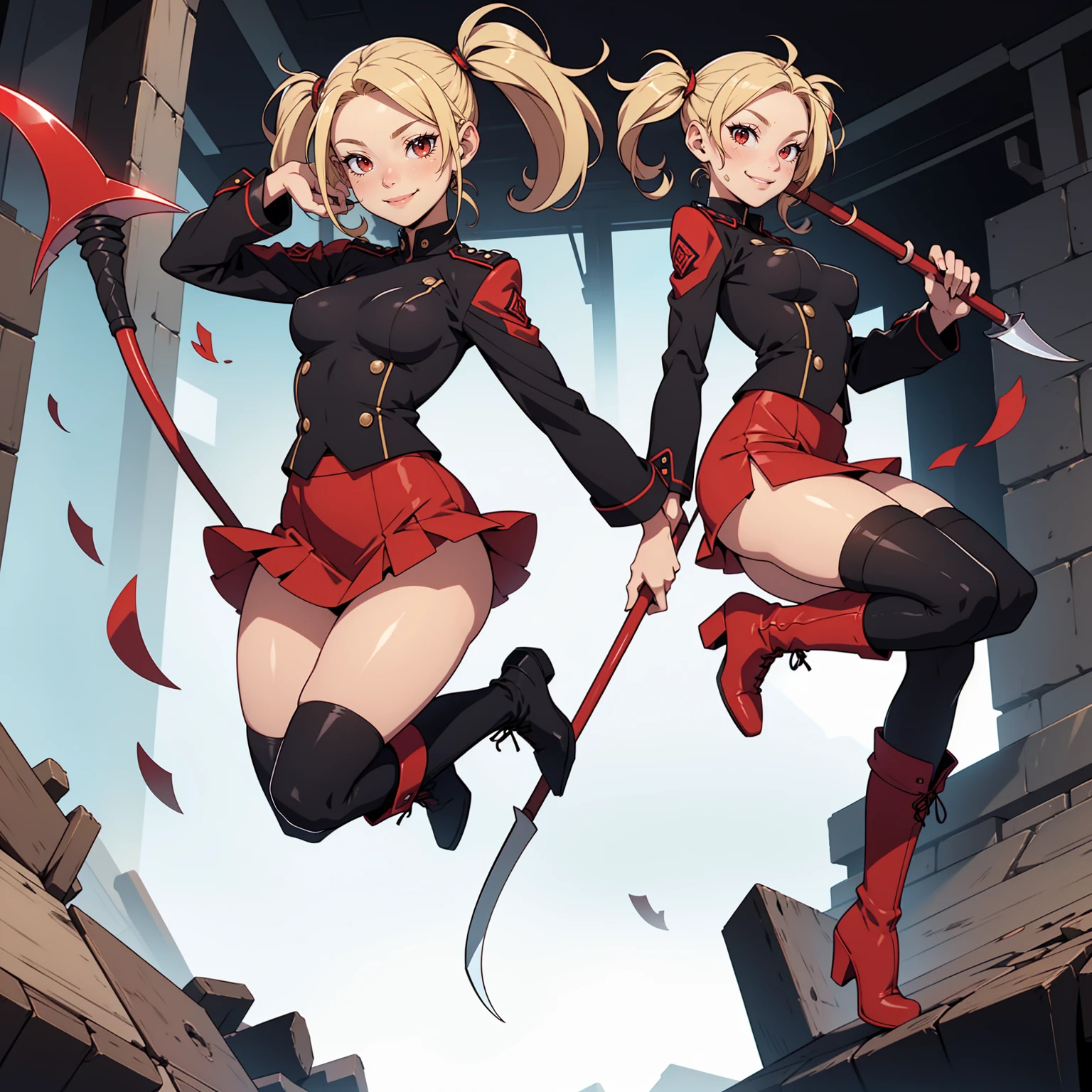 Very detailed, smiling facial expression, figure, full body view, small breasts, blonde hair with twintails, red eyes, looking at viewer, black and red uniform, skirt, black boots, holding scythe, jumping.