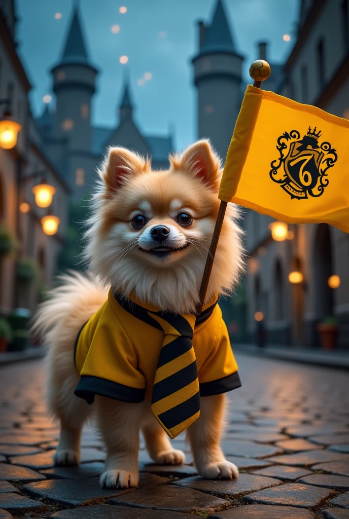 Beige German Spitz dog in Hogwarts wearing Hufflepuff house uniform holding Hufflepuff house flag