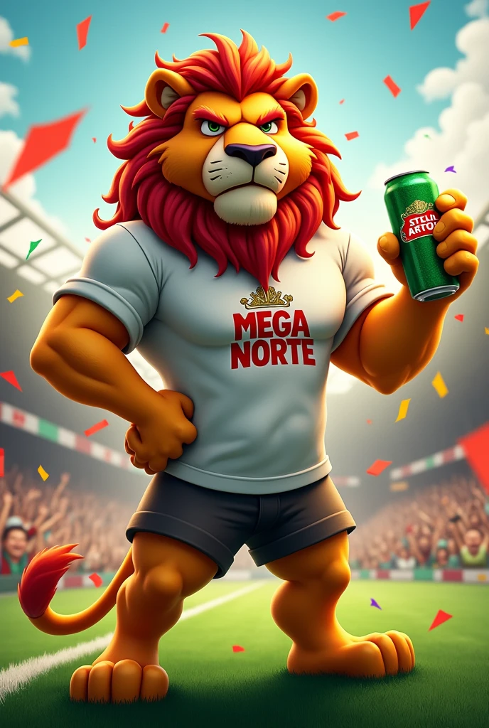 Create mascot of a strong lion with an evil face, T-shirt with the words MEGA NORTE written on it and holding a STELLA ARTOIS beer