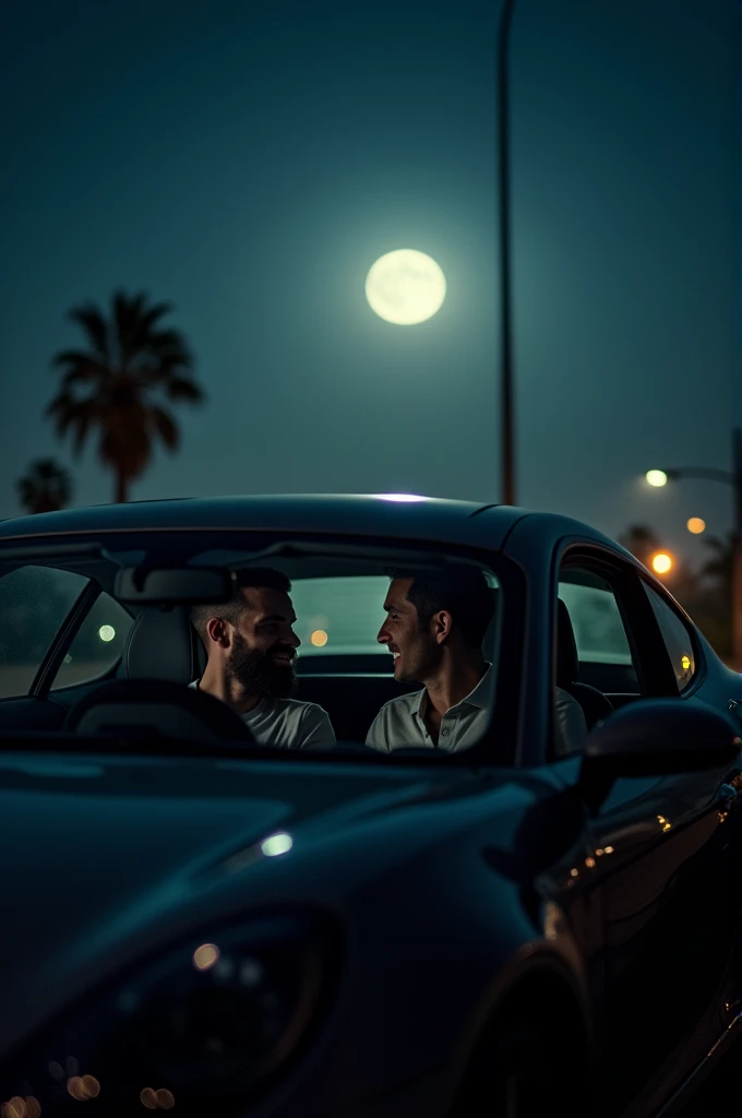 Men inside a car lit up in the darkness
