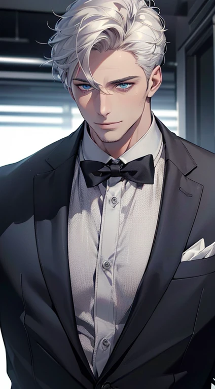 (best quality,4k,8k,highres,masterpiece:1.2),ultra-detailed,(realistic,photorealistic,photo-realistic:1.37),1 man,31 years old,mature man,very handsome,without expression,smile,short white hair,blue eyes,penetrating gaze,perfect face without errors,imposing posture,businessman,office background,cinematic lighting,hdr image
