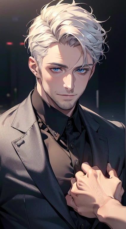 (best quality,4k,8k,highres,masterpiece:1.2),ultra-detailed,(realistic,photorealistic,photo-realistic:1.37),1 man,31 years old,mature man,very handsome,without expression,smile,short white hair,blue eyes,penetrating gaze,perfect face without errors,imposing posture,businessman,office background,cinematic lighting,hdr image