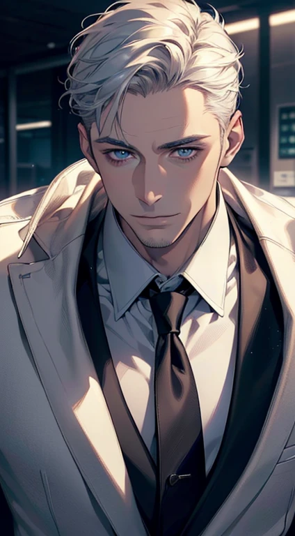 (best quality,4k,8k,highres,masterpiece:1.2),ultra-detailed,(realistic,photorealistic,photo-realistic:1.37),1 man,31 years old,mature man,very handsome,without expression,smile,short white hair,blue eyes,penetrating gaze,perfect face without errors,imposing posture,businessman,office background,cinematic lighting,hdr image