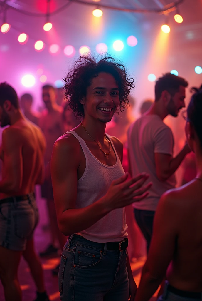 The scene takes place at a lively party, full of groups of people talking, dancing and having fun. In the center of the image is an individual representing the sign of Gemini, who is the real center of attention.

This individual has a charismatic presence and is constantly on the move., floating between groups of guests. In a corner of the image, Gemini is engaged in an intense conversation about conspiracy theories with an attentive group. His face expresses enthusiasm and curiosity as he gestures and shares ideas..

In another corner of the scene, Gemini is suddenly in the middle of a makeshift dance floor, using improvised DJ equipment, perhaps consisting of some controllers and a laptop. They are excited, with a big smile on its face, while the other guests dance to the rhythm of the music that is playing.

The guests around are visibly impressed and smiling, with some asking questions about how Gemini knows so many people. Conversations and music create a vibrant and dynamic atmosphere, reflecting Gemini&#39;s ability to connect with everyone and turn the party into an unforgettable event.

The image captures the essence of Gemini&#39;s social skills., highlighting the fluidity with which they transition between deep conversations and entertainment, making every moment a new opportunity to connect and have fun.