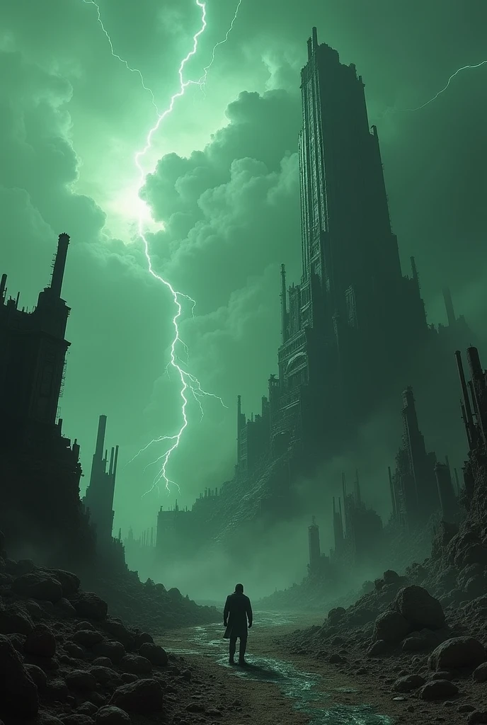 AN ALIEN PLANET WHOSE CIVILIZATION HAS DISAPPEARED, LEAVING ONLY THE RUINS OF A CITY: THE BUILDINGS ARE TALL IRON TOWERS, THE SKY IS GREENISH AND THE CLOUDS ARE THICK, with lightning and thunder. dystopian scenario, ruins 