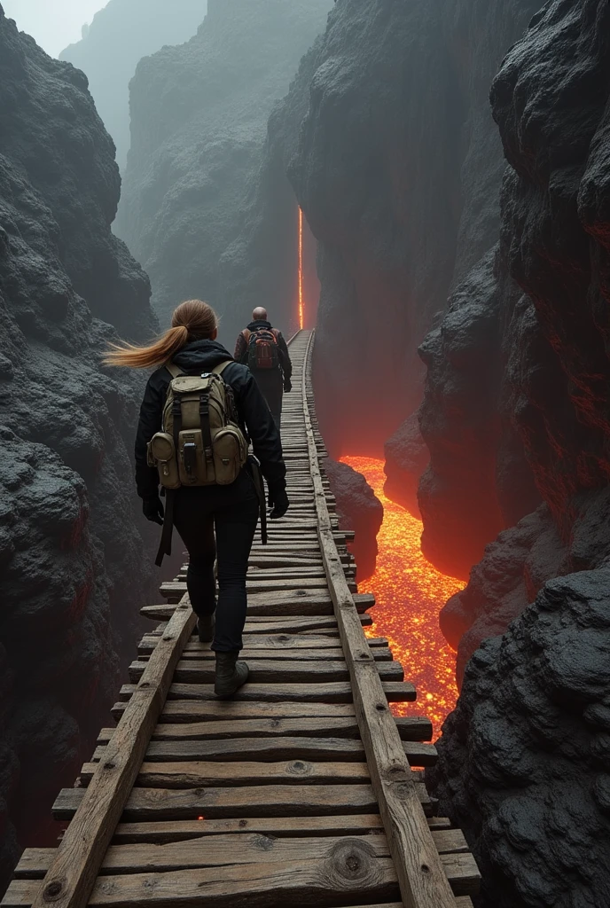 A long, dilapidated wooden bridge stretched into the air connecting to a cave and a mountain. And below the bridge a river of lava. And two scientists from behind crossing the bridge, a woman with loose, straight hair and a man. All in exploration and scientific suits. That the man is almost reaching the other side of the bridge and the woman is halfway across the bridge and that both have backpacks.