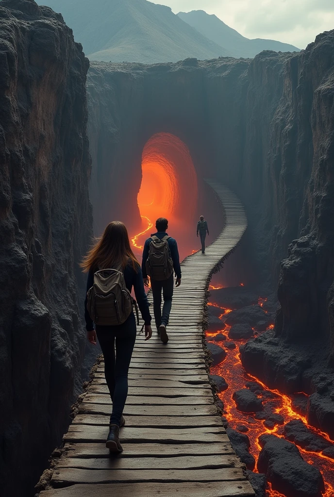 A long, dilapidated wooden bridge stretched into the air connecting to a cave and a mountain. And below the bridge a river of lava. And two scientists from behind crossing the bridge, a woman with loose, straight hair and a man. All in exploration and scientific suits. That the man is almost reaching the other side of the bridge and the woman is halfway across the bridge and that both have backpacks.