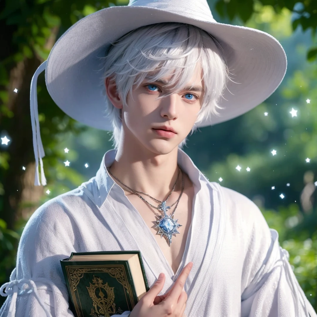Handsome boy, white hair, blue eyes, wearing white witch hat, wearing white witch clothes, holding a white magic book, magic forest background