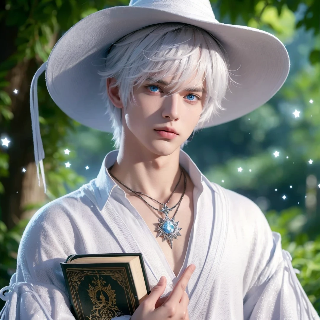 Handsome boy, white hair, blue eyes, wearing white witch hat, wearing white witch clothes, holding a white magic book, magic forest background
