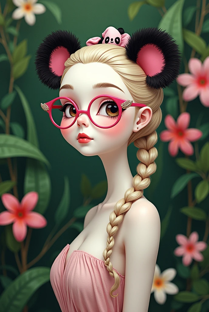 Introducing the iconic, elegant imagotype for 'DANNY PAOLA', featuring a slender, V-shaped, feminine face that exudes beauty and grace. The design showcases a white complexion with distinct panda-like features, including expressive eyes that are not closed. The character's hair is styled in a chic ponytail braid, crowned with natural-looking, fluffy panda ears. The iconic bow on the head artfully incorporates panda elements, creating a unique and harmonious blend.
To add a touch of the Peruvian Amazon, the design seamlessly integrates elements of the lush, green rainforest, such as vibrant leaves and tropical flowers, with the panda theme. The iconic portrait is completed with stylish, rose-colored glasses, adding a touch of sophistication.
The typography of 'DAN