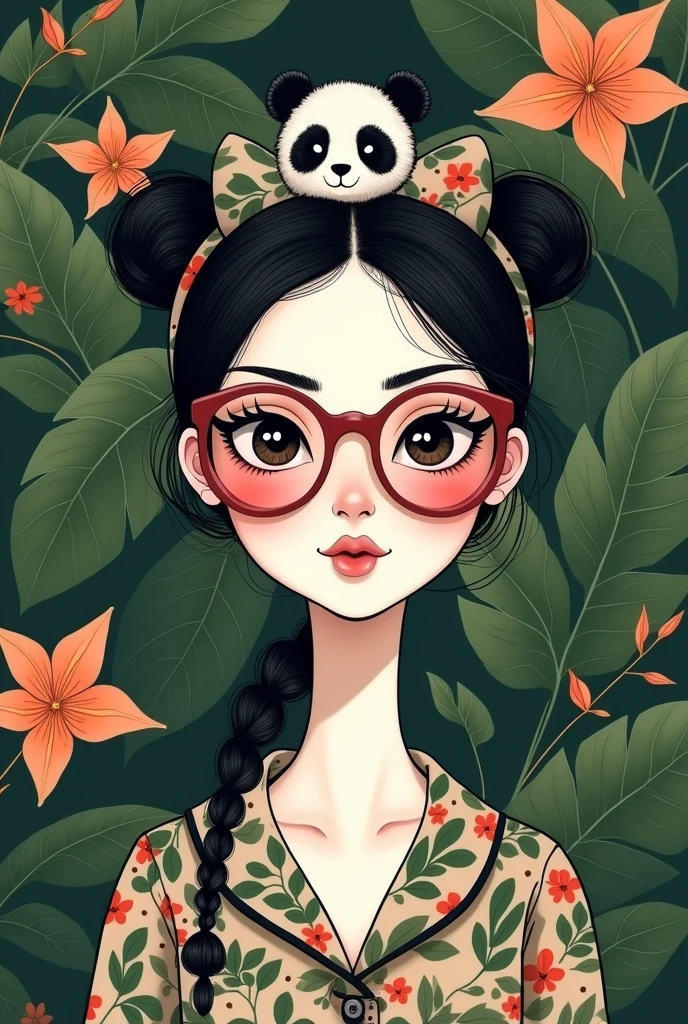Introducing the iconic, elegant imagotype for 'DANNY PAOLA', featuring a slender, V-shaped, feminine face that exudes beauty and grace. The design showcases a white complexion with distinct panda-like features, including expressive eyes that are not closed. The character's hair is styled in a chic ponytail braid, crowned with natural-looking, fluffy panda ears. The iconic bow on the head artfully incorporates panda elements, creating a unique and harmonious blend.

To add a touch of the Peruvian Amazon, the design seamlessly integrates elements of the lush, green rainforest, such as vibrant leaves and tropical flowers, with the panda theme. The iconic portrait is completed with stylish, rose-colored glasses, adding a touch of sophistication.

The typography of 'DAN