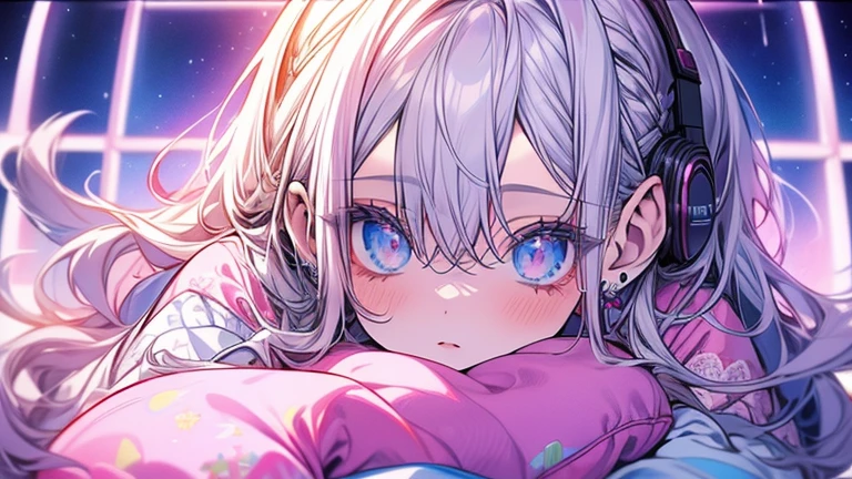 Imagem de room of . Close up of the girl.  with white hair and blue eyes sitting on the bed, wearing pink teddy bear pajamas, Listening to music with headphones. styled: custom cartoon. soft, warm lighting, pastel cores. Hot pink and shades of pink, with sky blue complements. Background Scenario: large window with city view at night, starry sky. Key words: digitl art, kawaii style, room of , feminine decoration, pastel cores