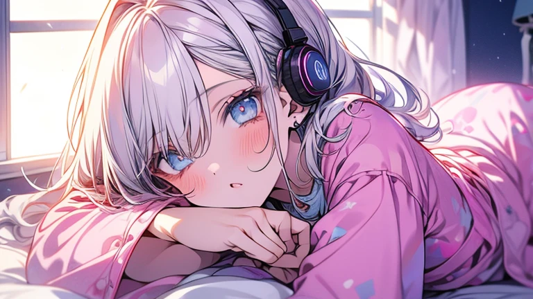 Imagem de room of . Close up of the girl. with white hair and blue eyes sitting on the bed, wearing pink teddy bear pajamas, Listening to music with headphones. styled: custom cartoon. soft, warm lighting, pastel cores. Hot pink and shades of pink, with sky blue complements. Background Scenario: large window with city view at night, starry sky. Key words: digitl art, kawaii style, room of , feminine decoration, pastel cores