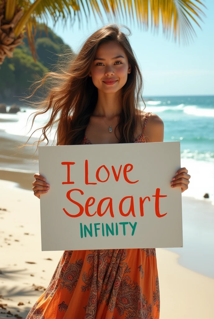 Beautiful girl with wavy long hair, bohemian dress, holding a white board with text "I Love Seaart Infinity" and showing it to the viewer