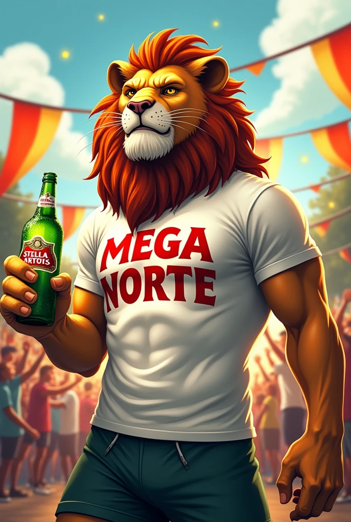 Create mascot of a strong lion with a frowning face, white t-shirt with the words MEGA NORTE written on it and holding a green STELLA ARTOIS beer