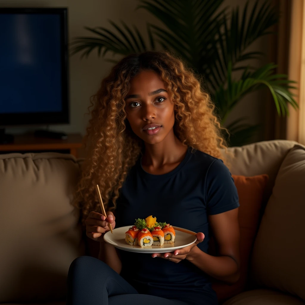Palm shadow on the face, Very long Curly hair blond, Toffee color skin, beautiful caribean toffee mixed girl with long blond curly hair and extremely detailled clear yellow eyes , A pretty young woman eats sushi in front of the television sitting on the nude sofa in her living room, she wears a dark blue T-shirt and a dark blue leggings, night