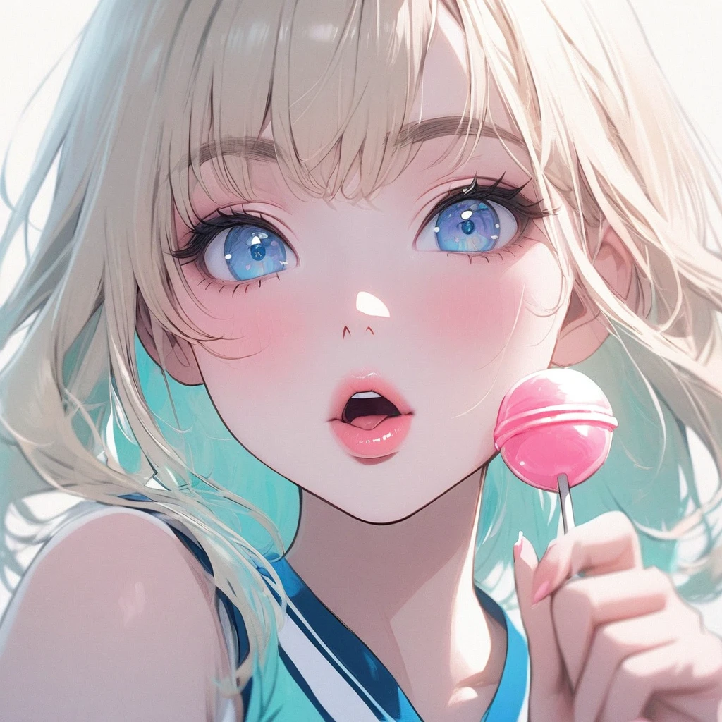 Girl, light blonde hair, blue eyes, beautiful, cheerleader uniform, pastel colors, face close-up, flat, sucking lollipop, lipgloss, brat, holding lollipop, lips, sexy, ethereal, wide mouth, attractive, teen, pose