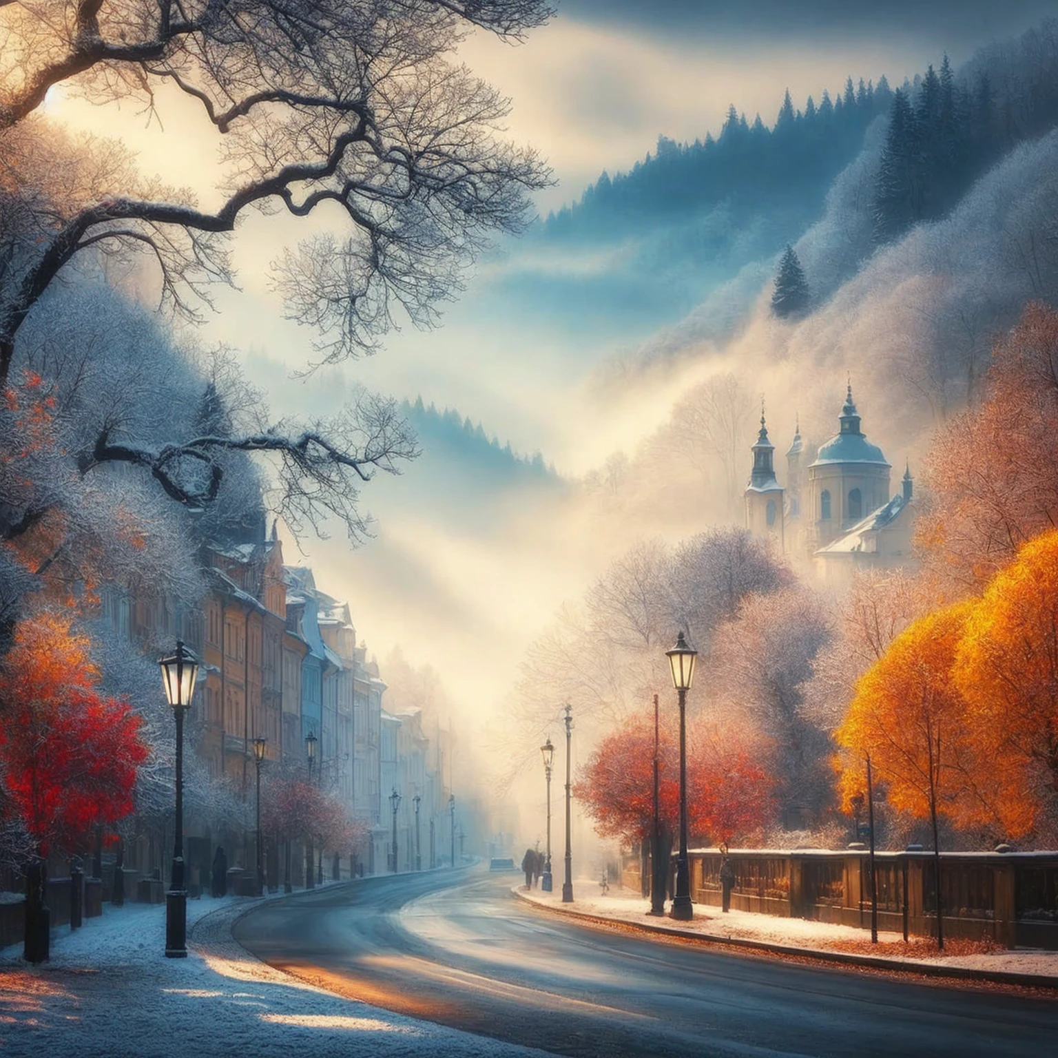 Street scene with street lights and snow-covered hills, Bussiere Rutkowski Andreas Rocha, beautiful art uhd 4k, Blurry picture 8K, A city of pristine colors, Sparkling colorful fog, 8K Amazing Work of Art, Mysterious winter landscape, Cold but beautiful, Magic Fog, Perfect composition artem demura, Gabor Sikzai