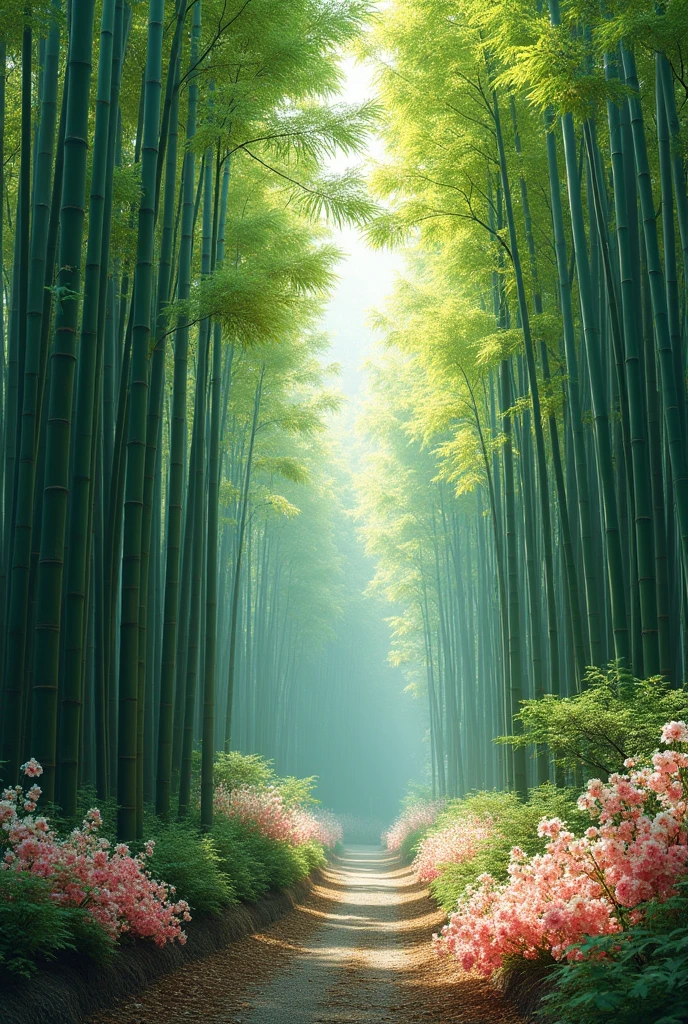 pine needles and trees, (bamboo forest:1.2), Japanese apricot blossoms and trees, 