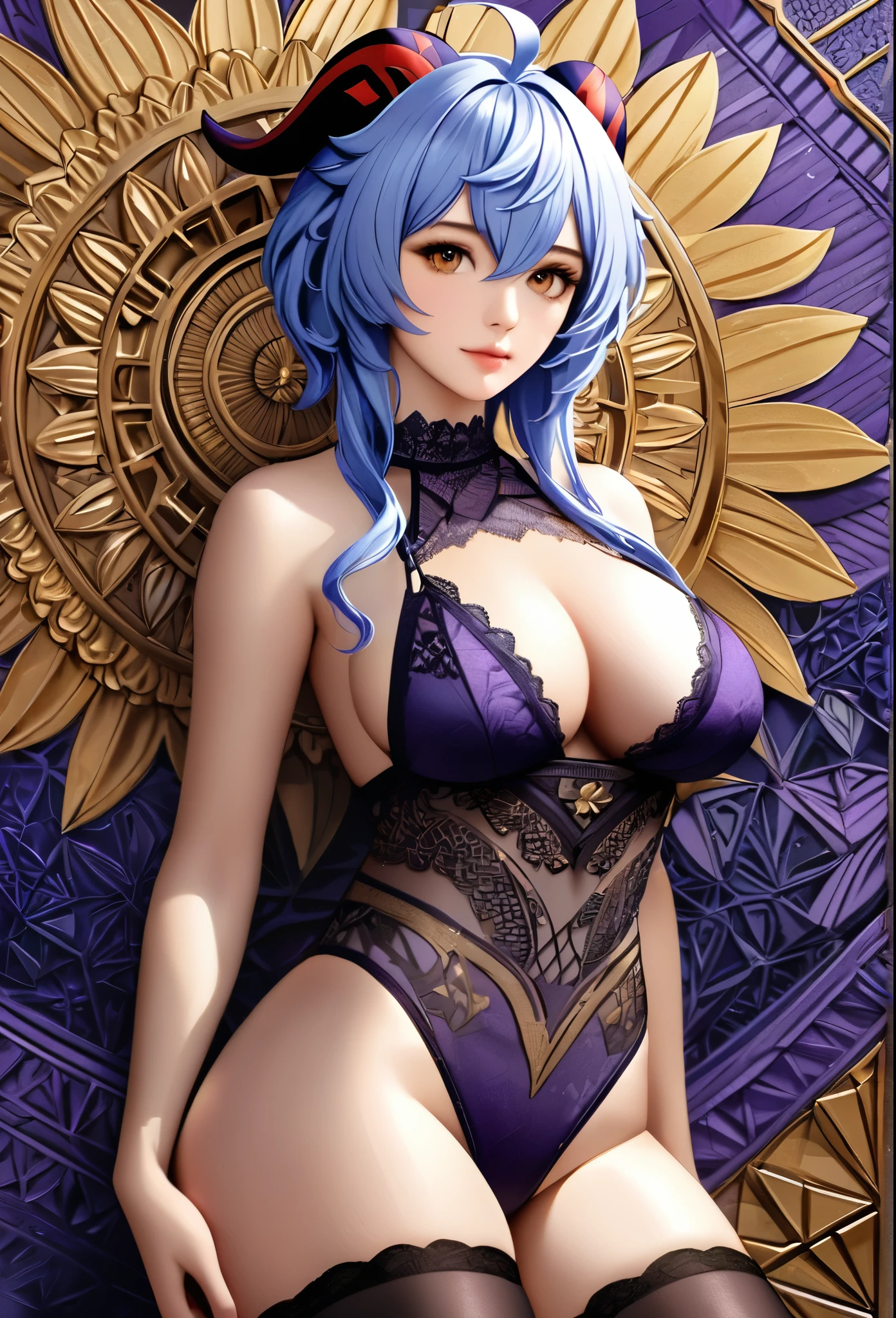 Ganyu, genshin impact, absurdres, highres, ultra detailed, ultra-detailed background, detailed background, extremly detailed, 1girl,bunch of flowers, (zentangle:1.2), (geometric:1.2), purple and gold color palette, monochromatic gold and purple, big breasts, cleavage, sideboob, lingerie, realistic depiction, portrait, close up, straight on, standing, contrapposto, thick thighs, thigh highs,
