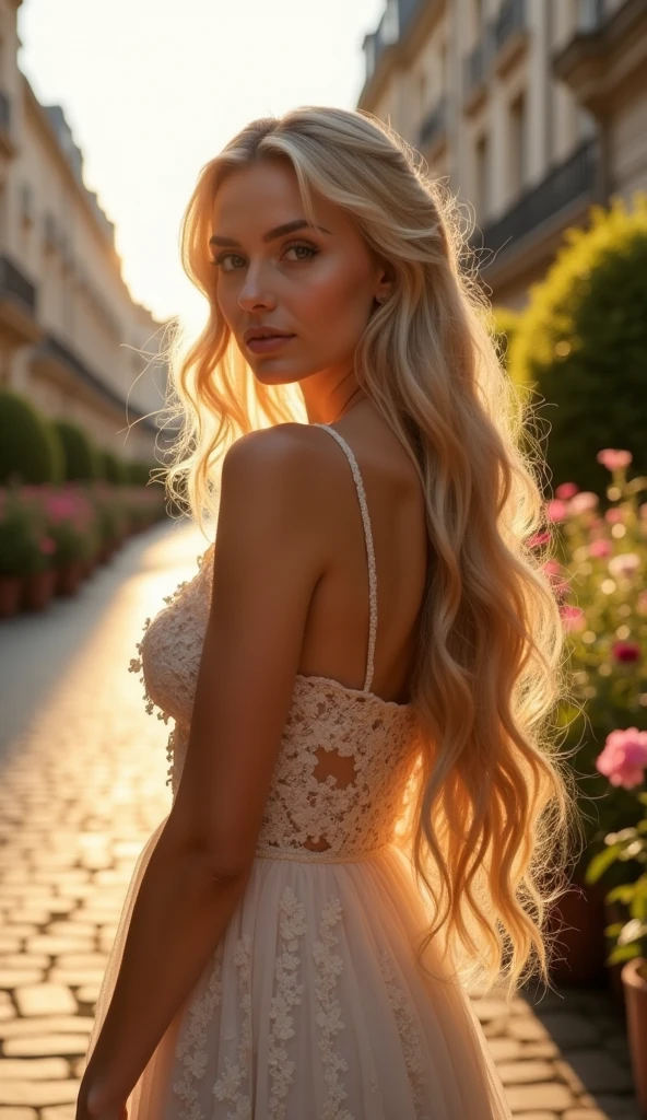 beautiful lady blonde, long wavy blonde hair, full body, strength and beauty, high quality, realistic, traditional, warm tones, in Paris 