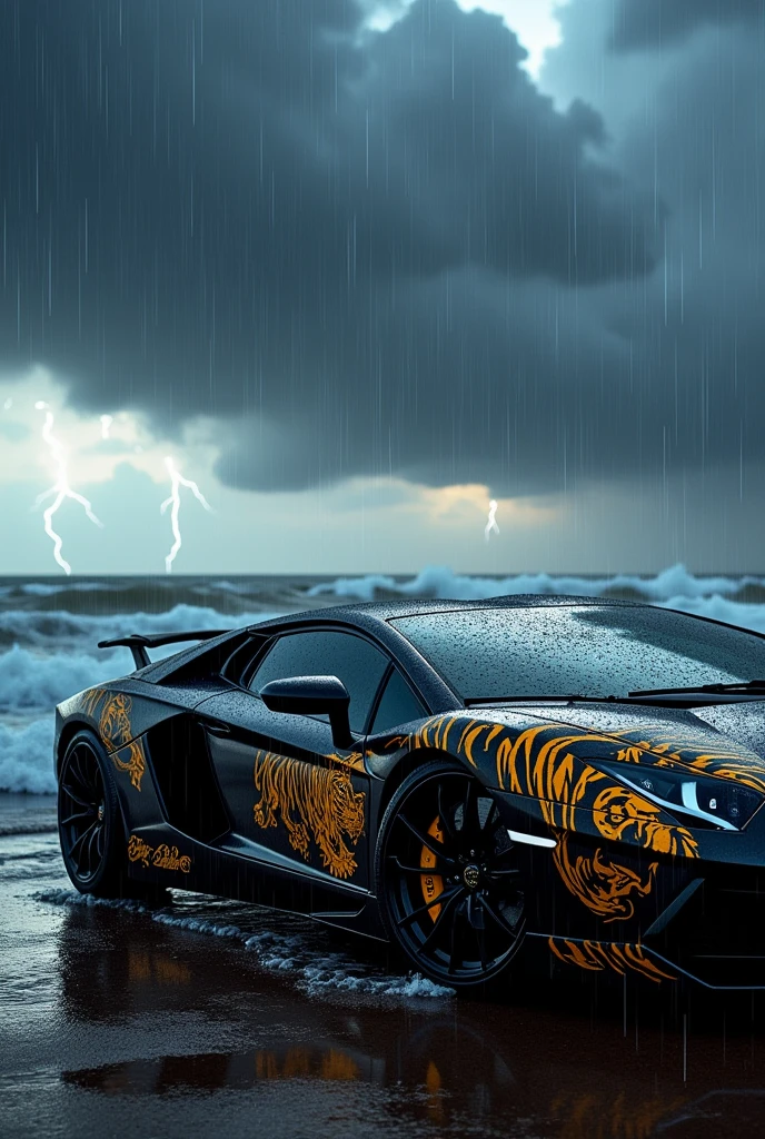 Black Lamborghini with gold tiger stickers In an ocean background and a lightning sky and dark water rain