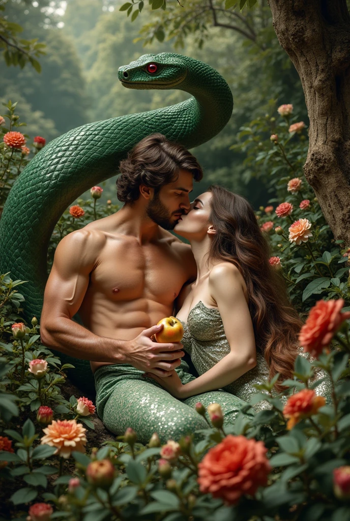 Adam is spooning Eve in the lush french garden with a french mansion background. Eve is feeding Adam the forbidden fruit. Behind Eve is a large green snake with red eyes. Adam is an attractive handsome muscular man, fully naked. Eve is a mermaid, seductive ,  sexy and fully naked. Penis and treats visible. Cum splatter. Lustful, climaxing, ejaculating, money shot scene.